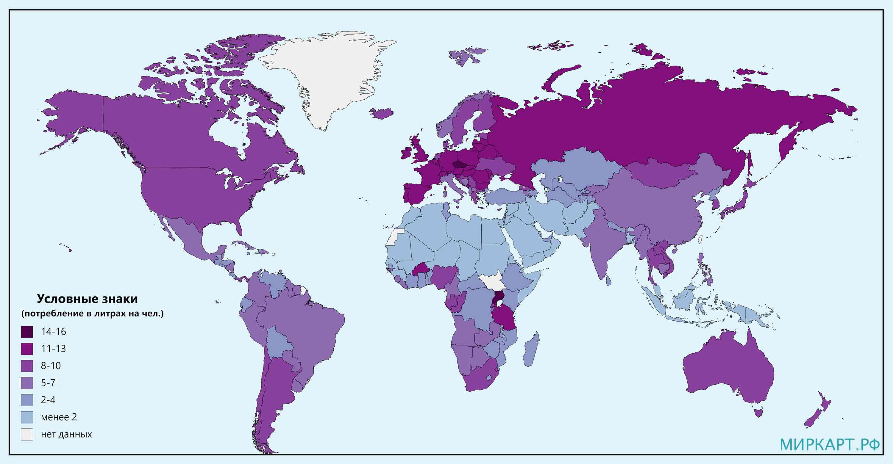 Карта потребления алкоголя в мире