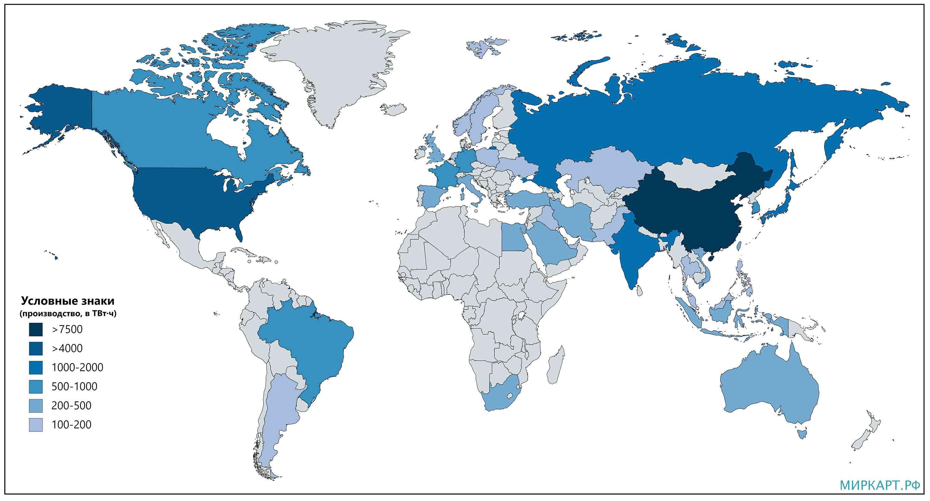 Карта стран по производству электричества