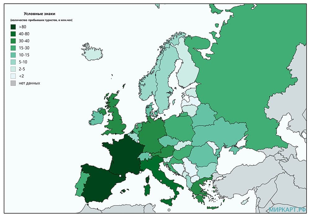 Карта туристических посещений Европы