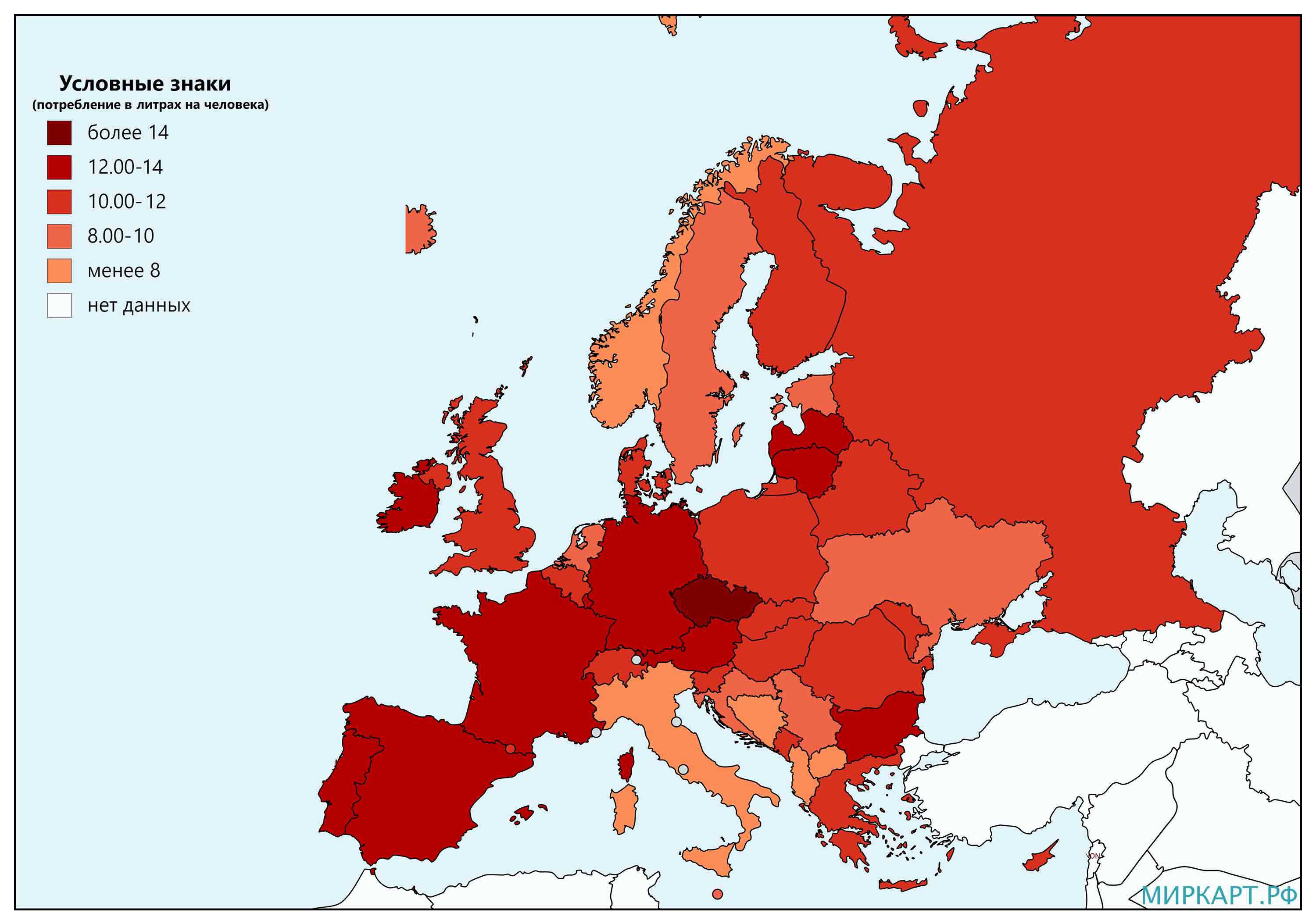 Карта потребления алкоголя в Европе