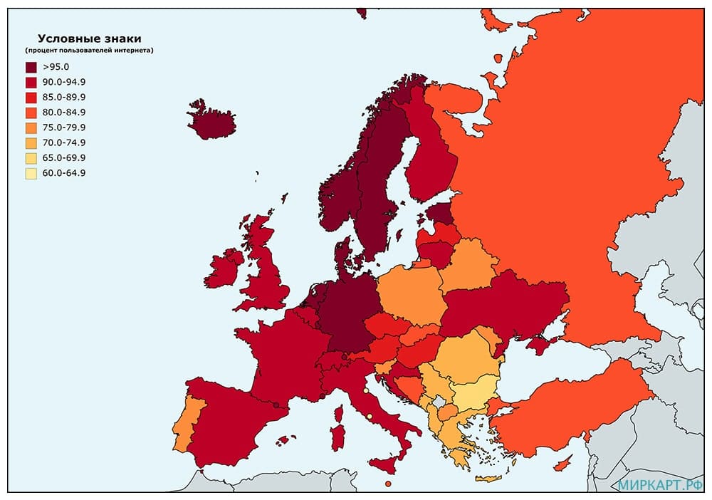 Карта пользователей интернета в Европе