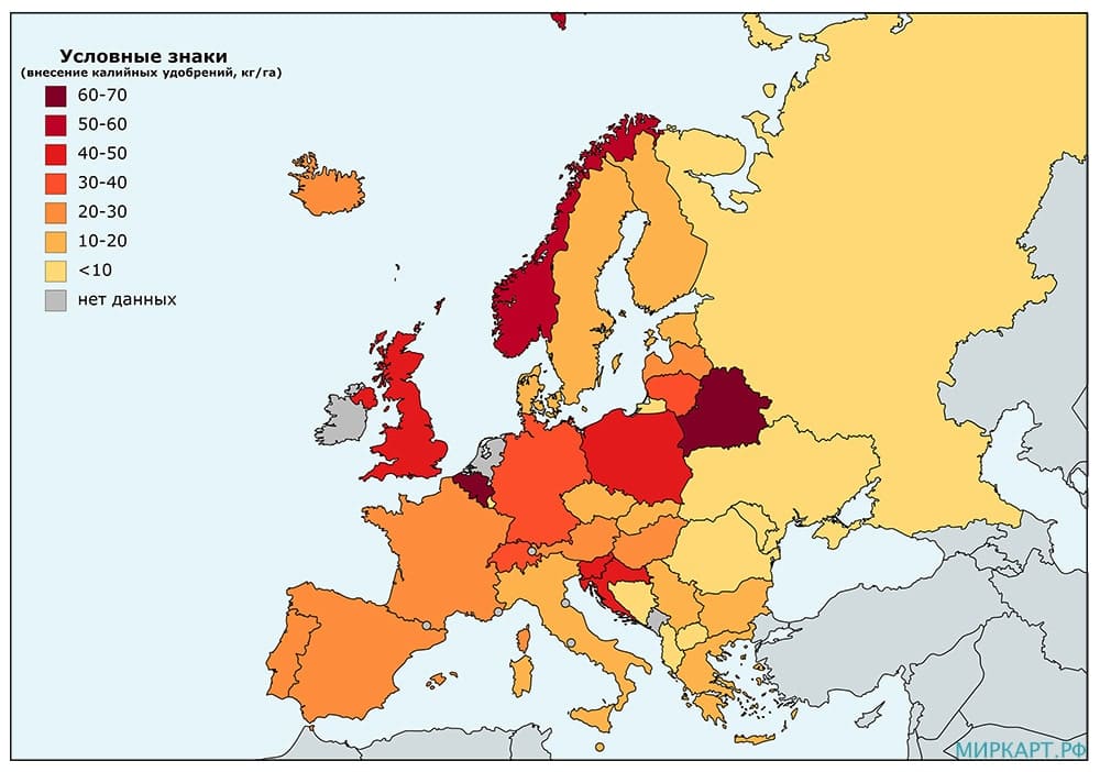Карта внесения калийных удобрений в Европе