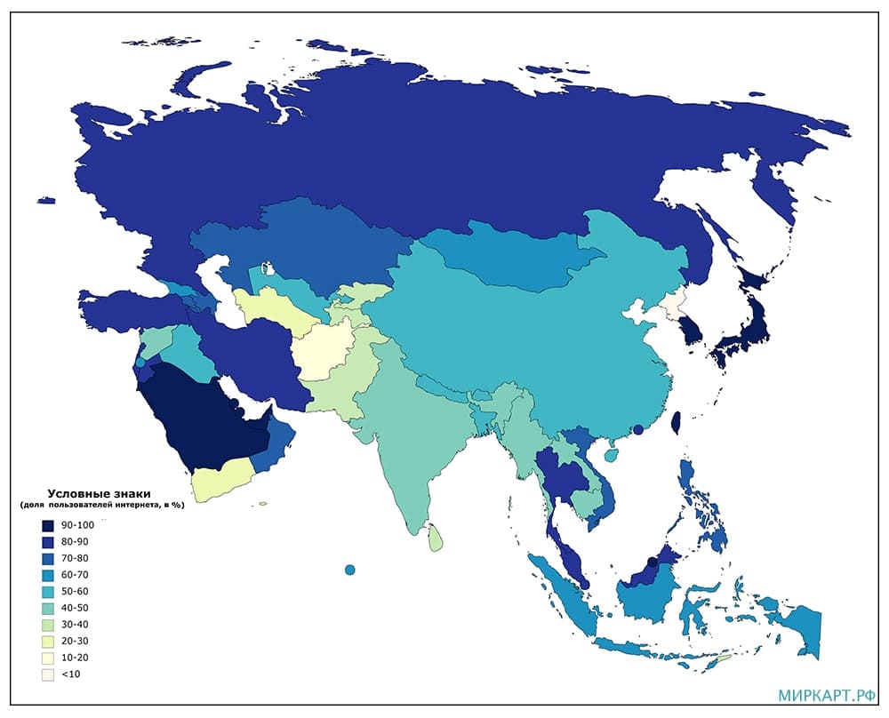 Карта доли пользователей интернета в Азии