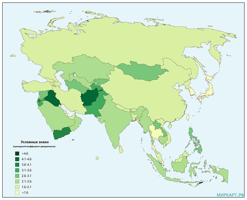 Карта суммарного коэффициента рождаемости в Азии