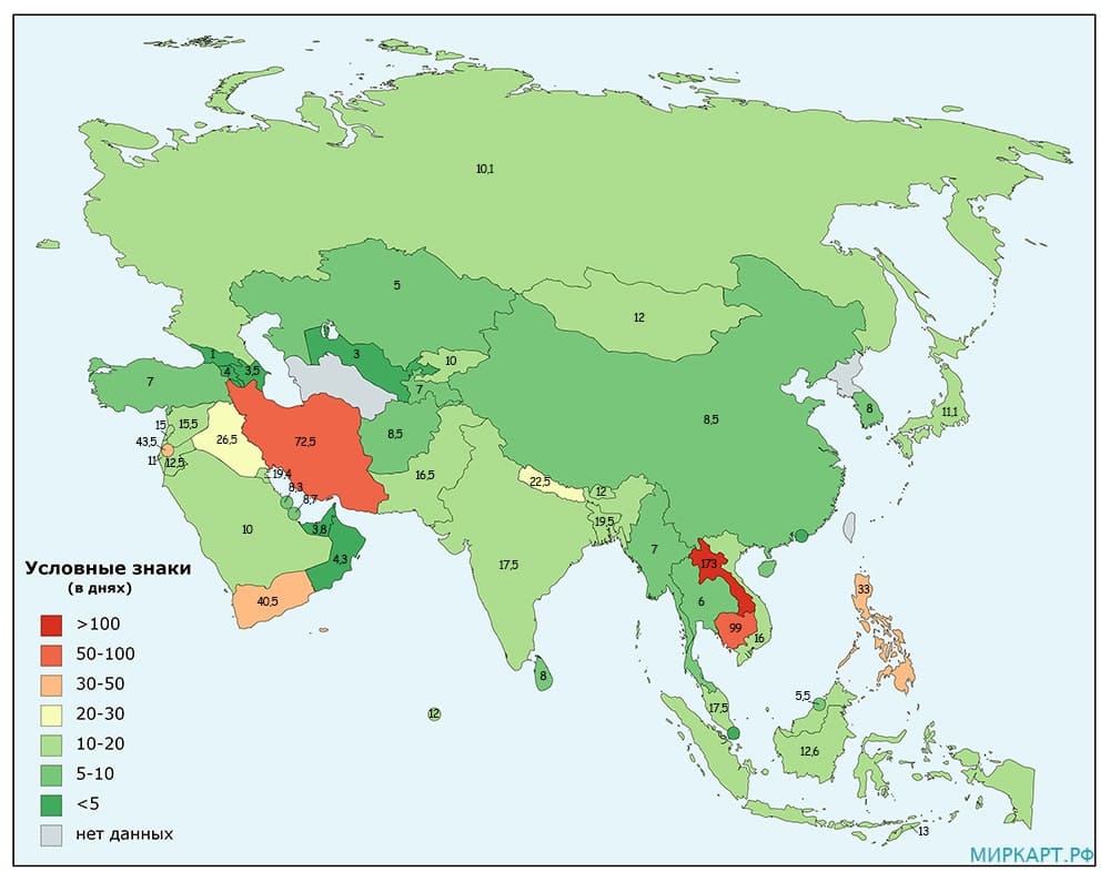 Карта Азии по времени на открытие бизнеса