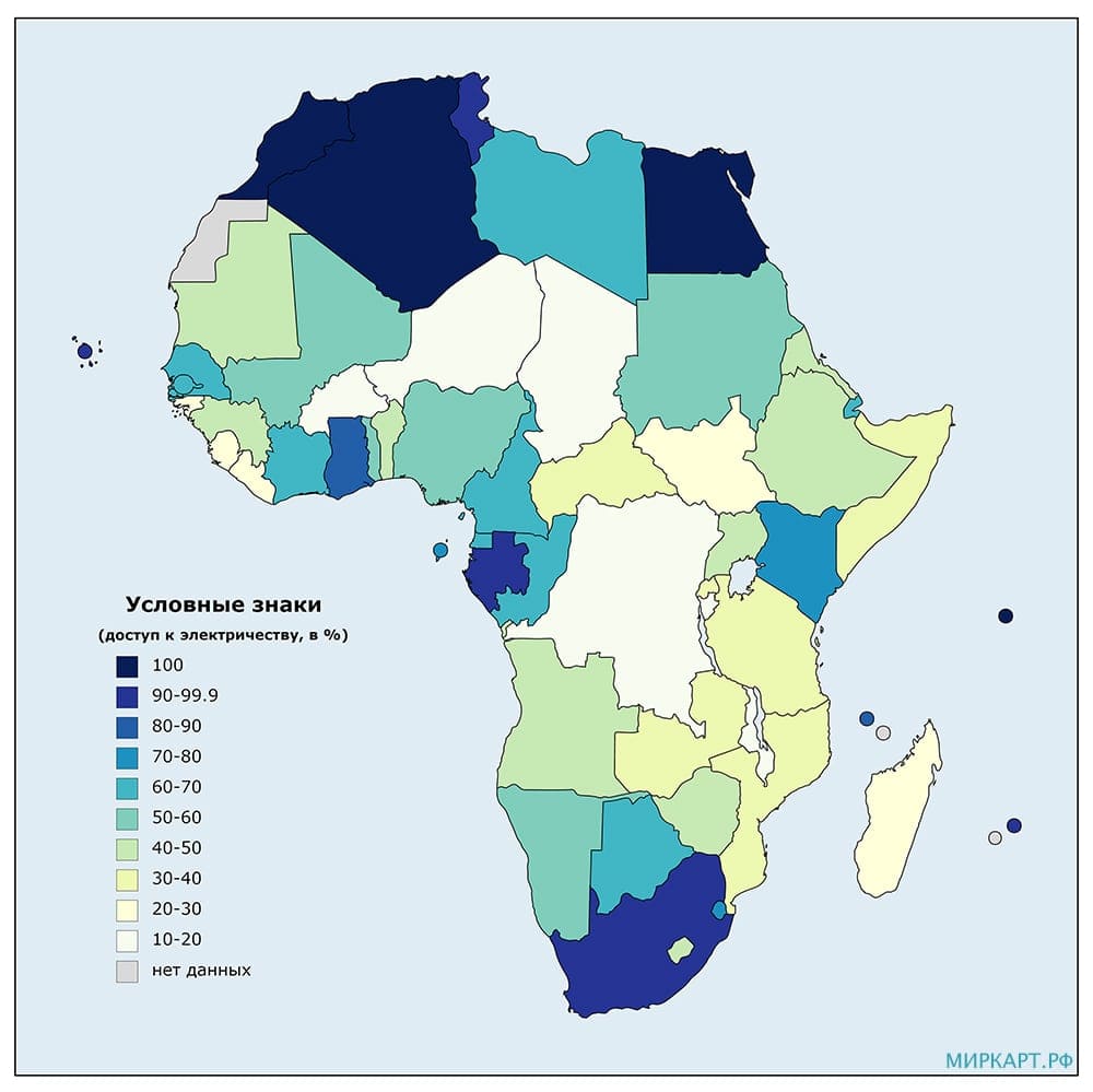 Карта стран Африки по доступу к электричеству