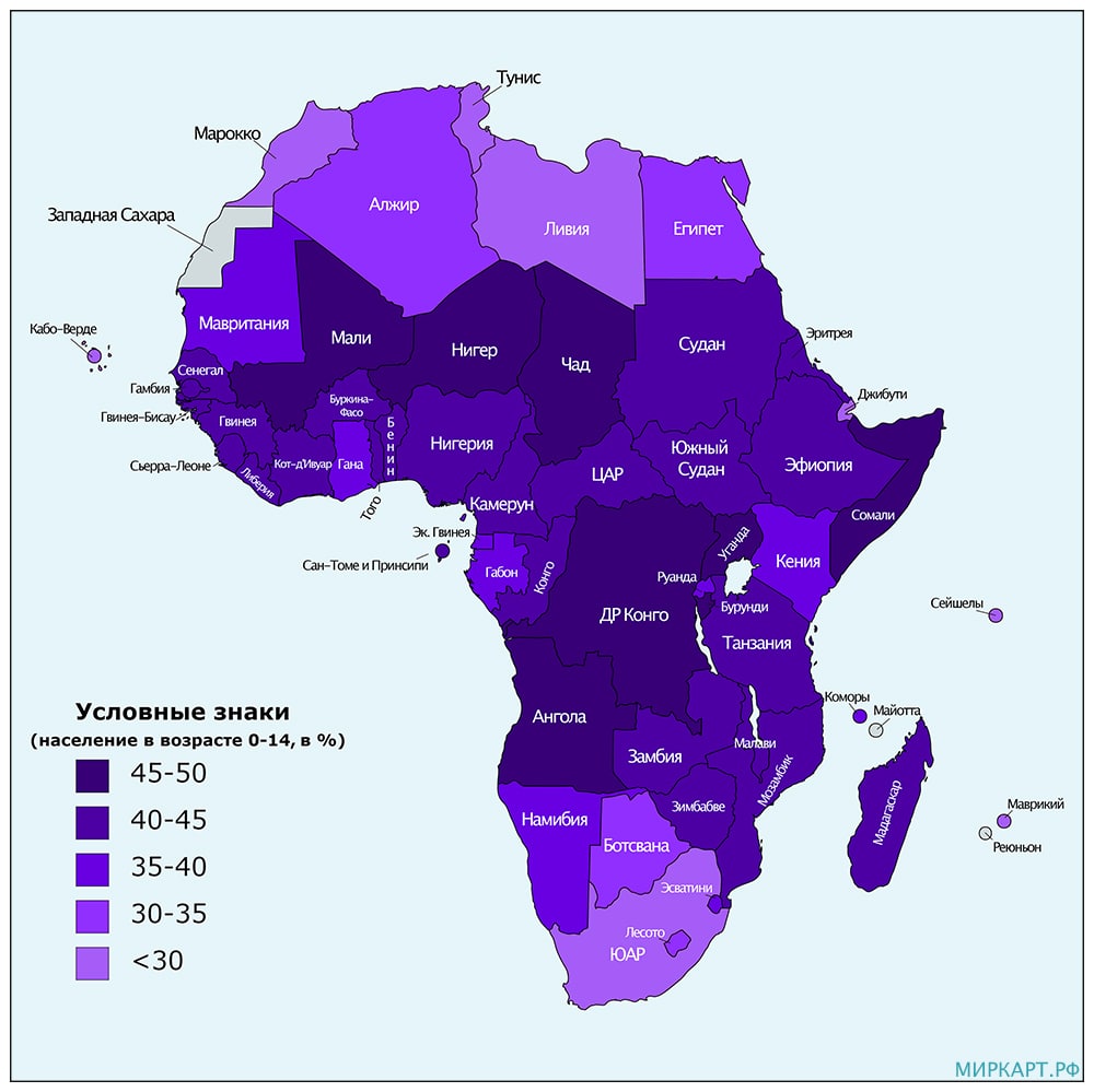 Карта населения Африки в возрасте 0-14 лет