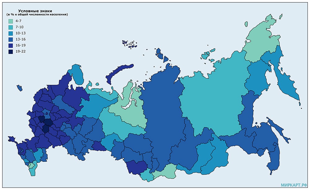 Карта России по доле населения старше 65 лет