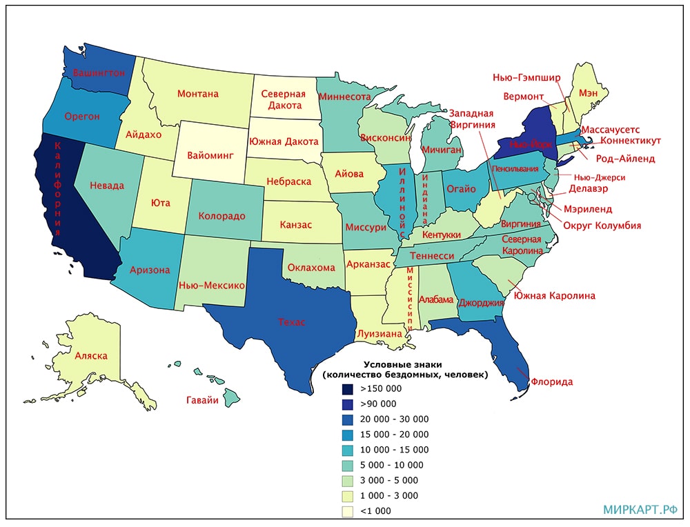 Карта США по количеству бездомных