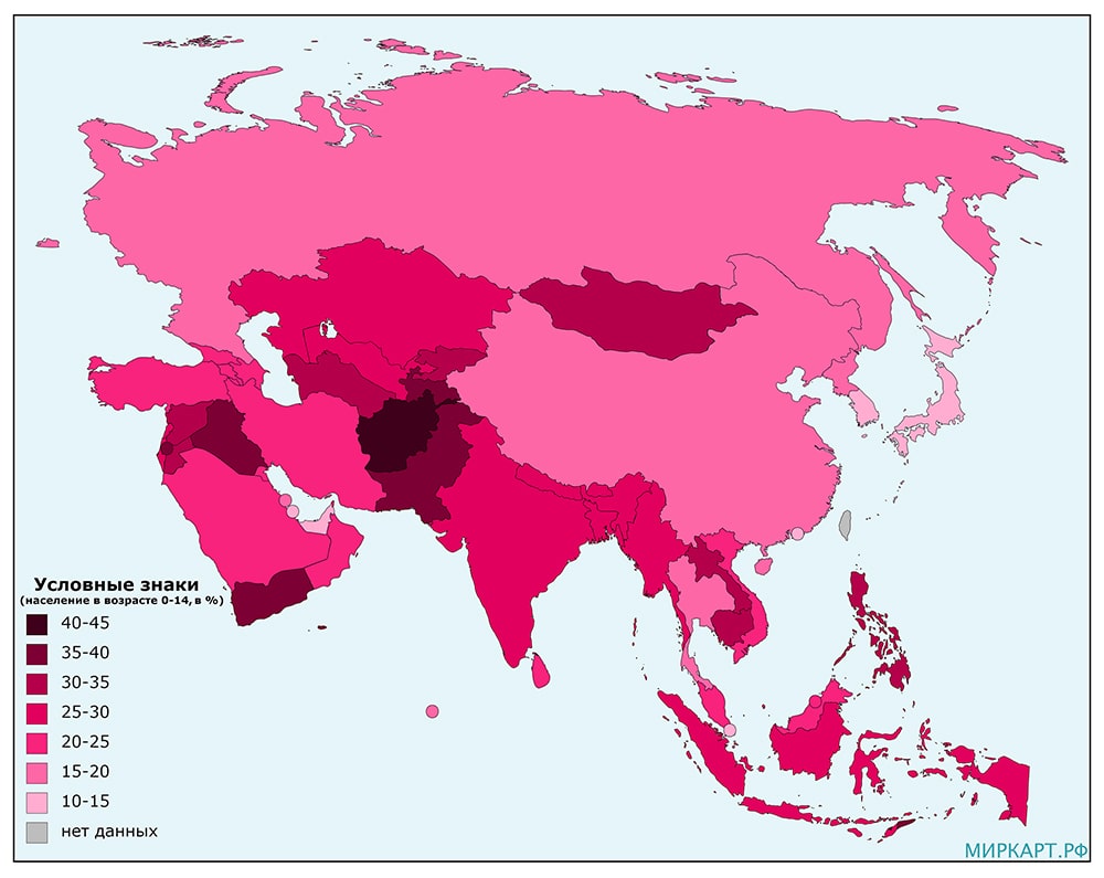 Карта доли детей в населении Азии