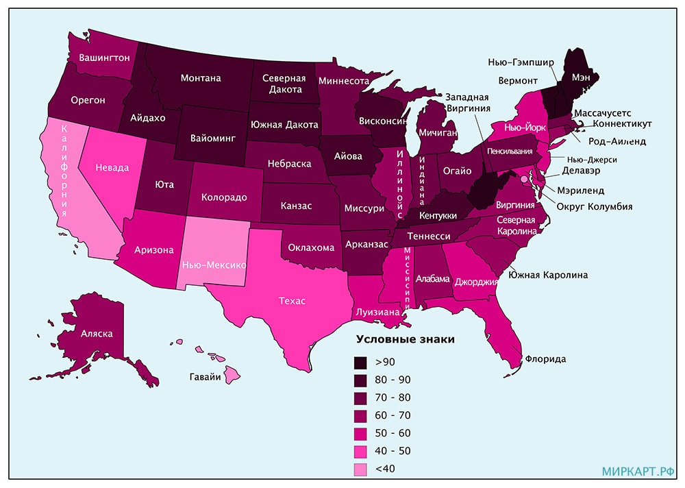 Карта белого населения в США