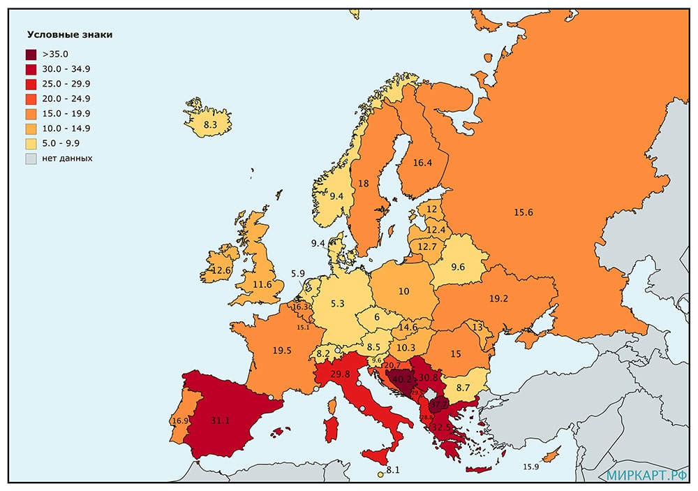 карта европы безработица среди молодежи