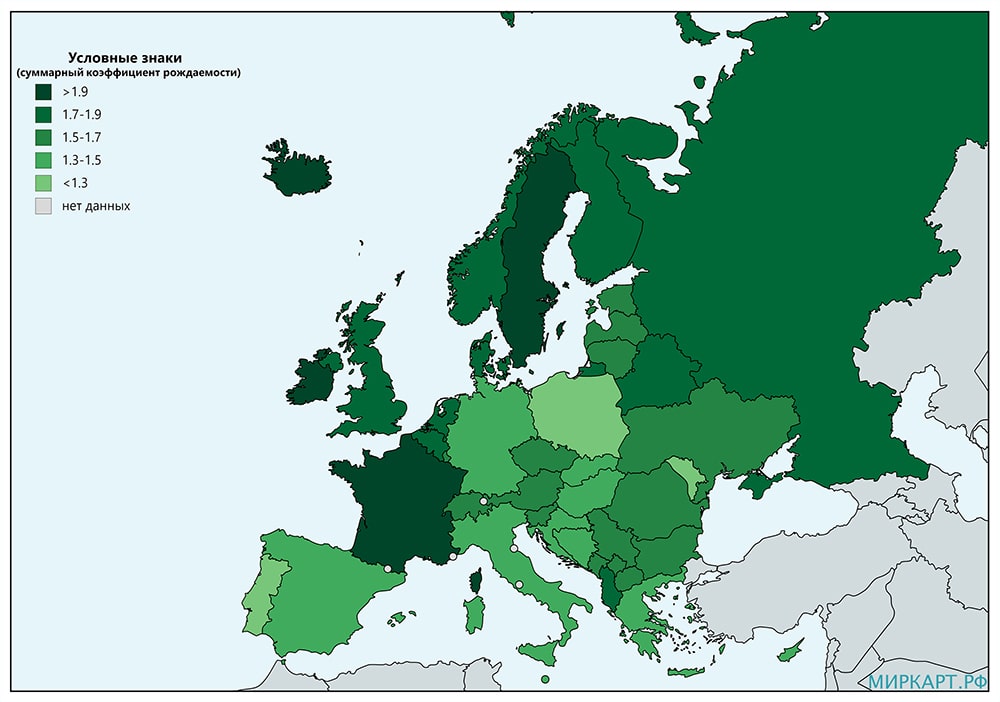 Карта суммарный коэффициент рождаемости в Европе