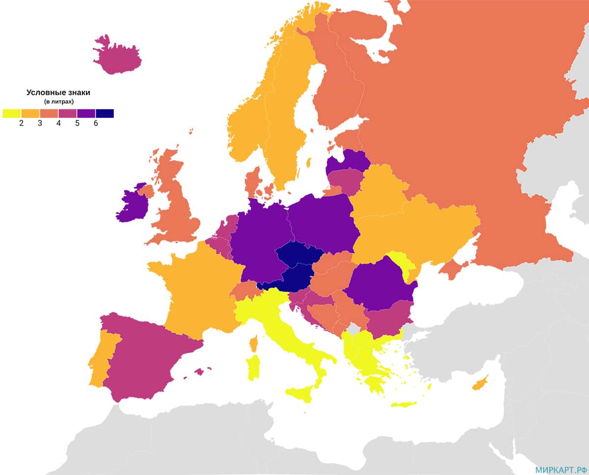 карта Европы по потреблению пива на душу населения