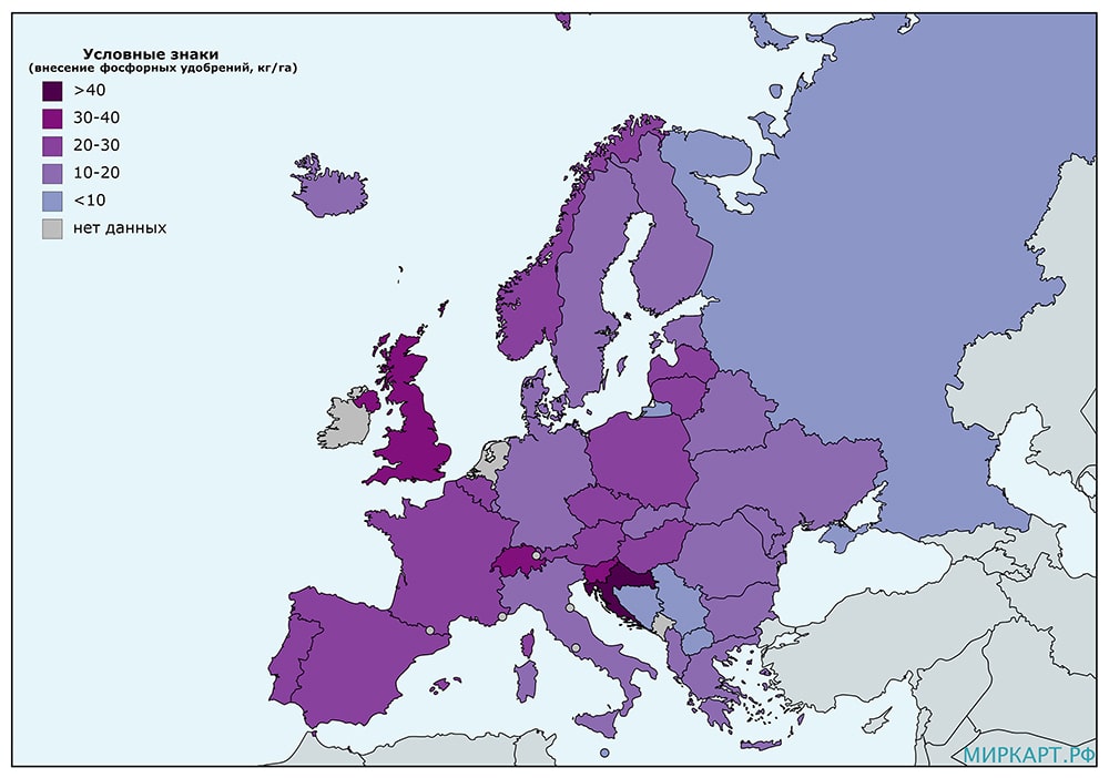 Карта Европы по применению фосфорных удобрений
