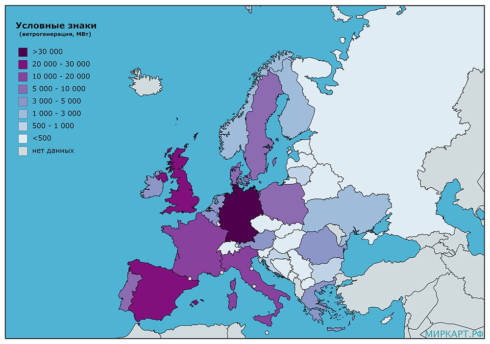 Карта ветроэнергетики в европейских странах