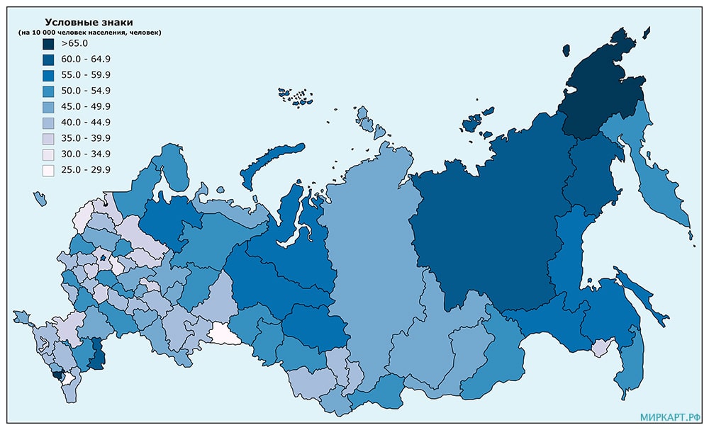 карта России количество врачей на 10000 чел. населения