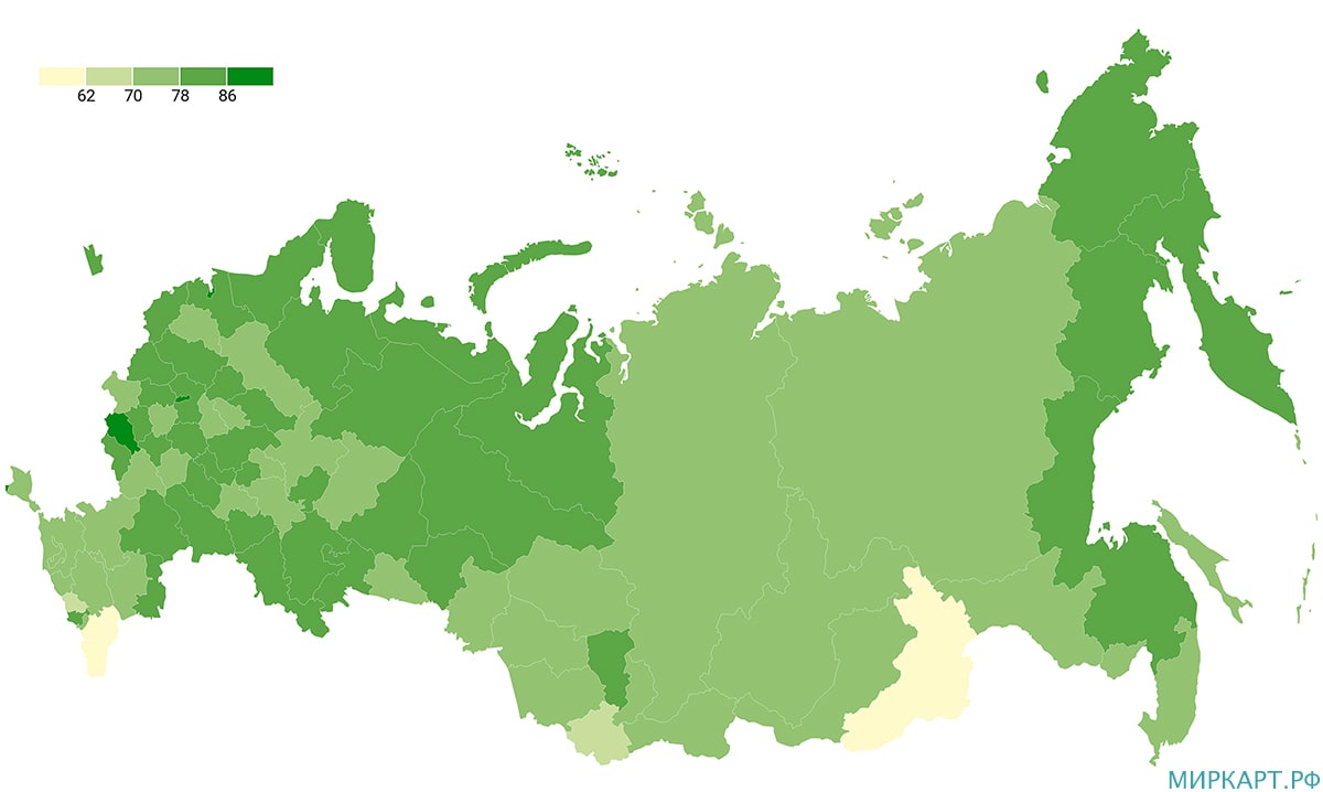 карта России по доле рабочей силы, имеющей среднее профессиональное и высшее образование