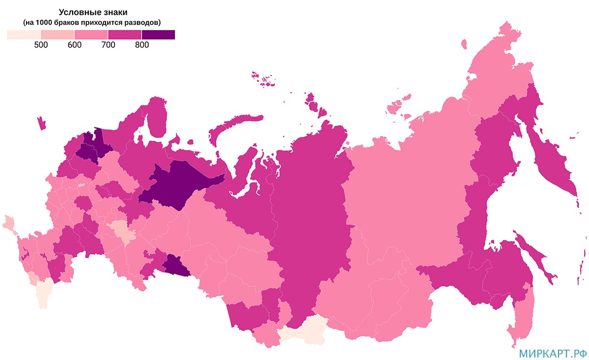 карта России по соотношению браков и разводов по регионам