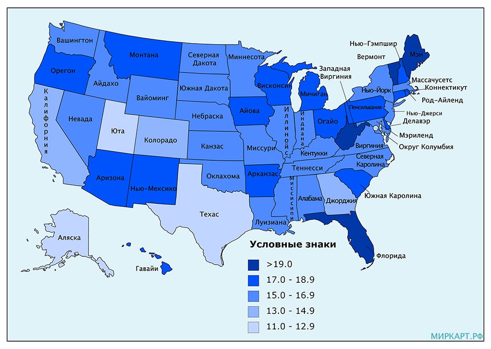 Карта США доля пожилых людей по штатам