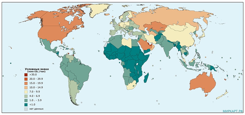Карта мира выбросы CO2 на душу населения