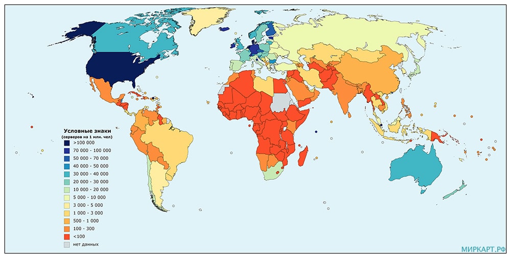 Карта количества серверов в мире
